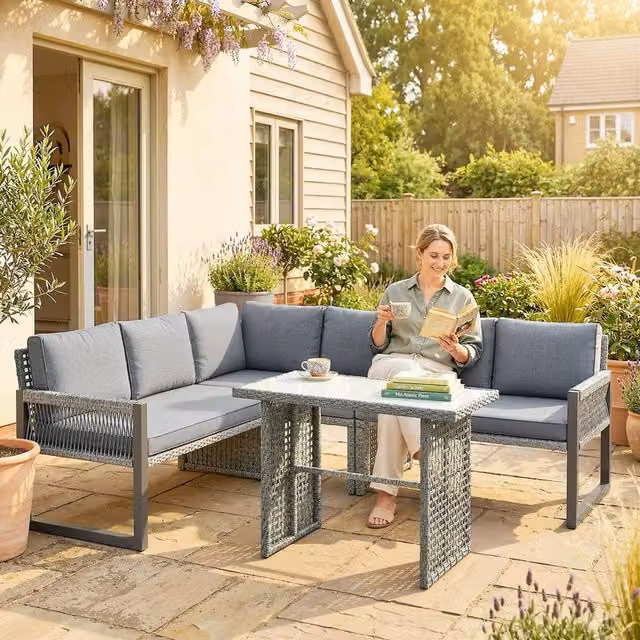 OUTSUNNY 4 Piece Grey Rattan Garden Furniture Set with 3 Loveseats and Glass Table
