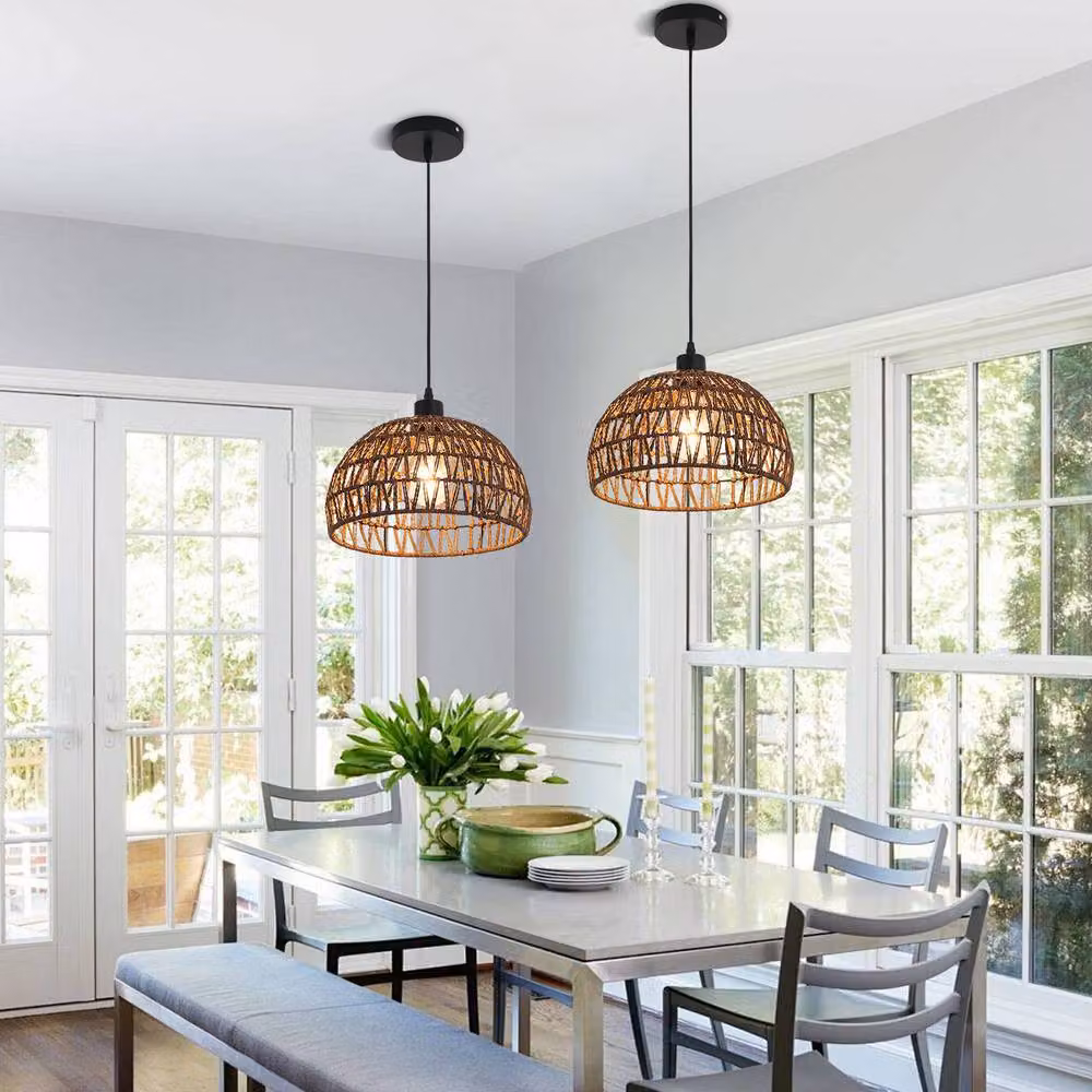NIVOR Brown Rattan Farmhouse Single Pendant Light with Boho Rustic Cage Design and E27 Socket – 4