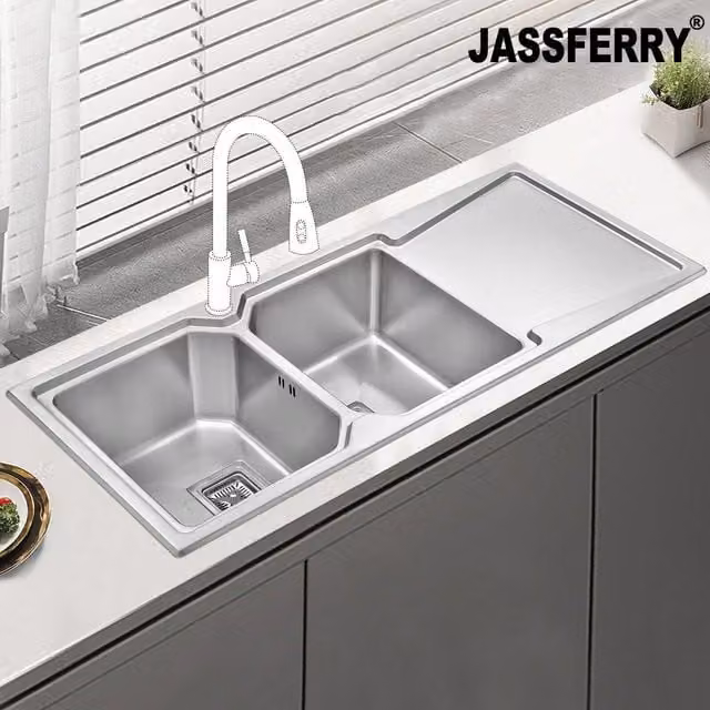 JASSFERRY Stainless Steel Double Bowl Kitchen Sink with Right Drainer in Silver