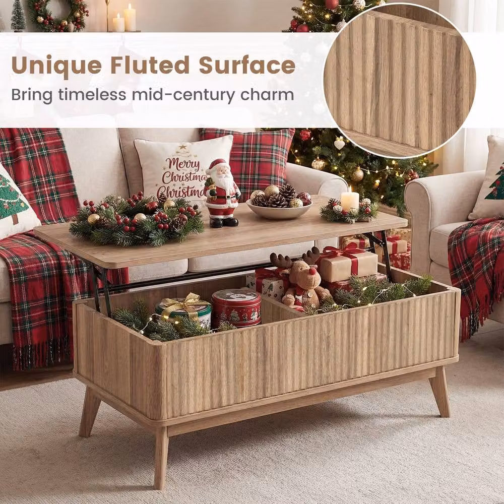 Costway Fluted Lift Top Coffee Table in Light Brown, Rectangular Rubberwood Center Table – 5