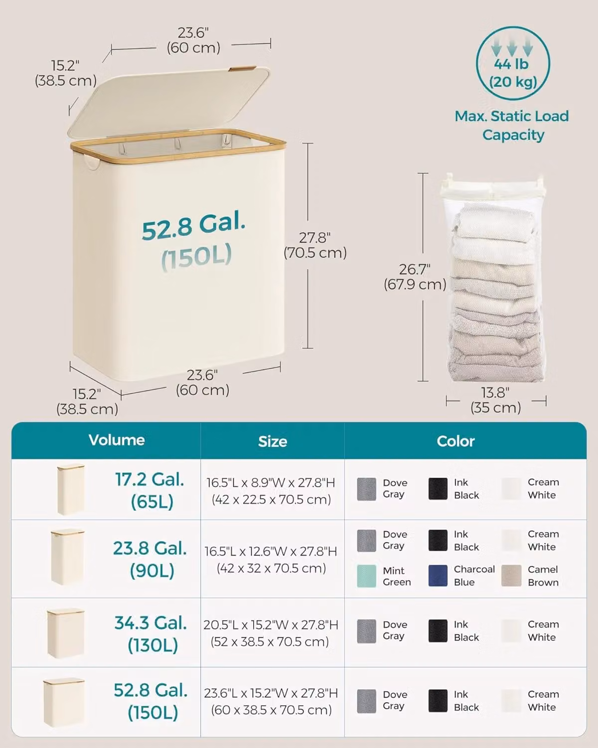 SONGMICS Extra Large 3-Section Collapsible Laundry Hamper with Bamboo Handles in White – 2