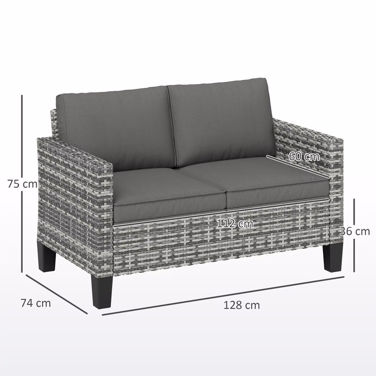 Outsunny Two-Seater Rattan Outdoor Sofa in Grey with Upholstered Cushions and Powder Coated Steel Frame – 3