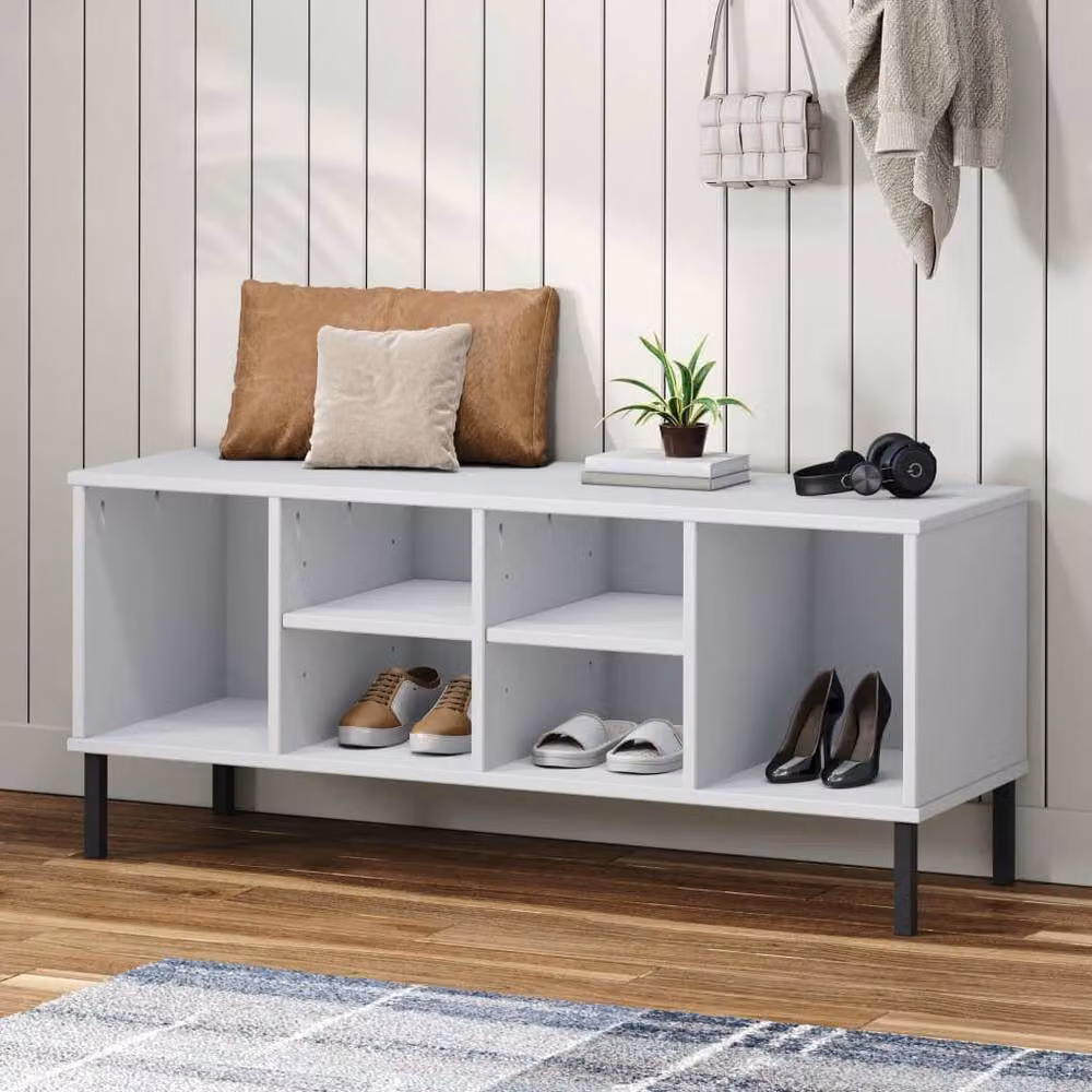 Berkfield Home Oslo Solid Wood Shoe Rack with Metal Legs, White, W: 106 cm, D: 35 cm, H: 45 cm – 2