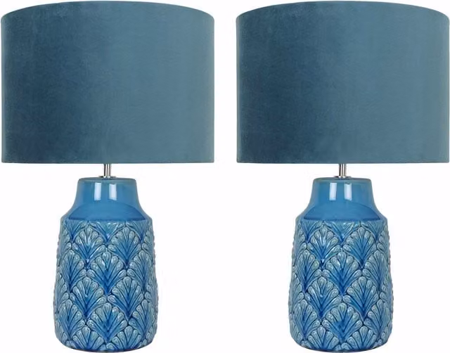 First Choice Lighting Set of 2 Blue and White Peacock Ceramic Table Lamps with Teal Fabric Shades – 1