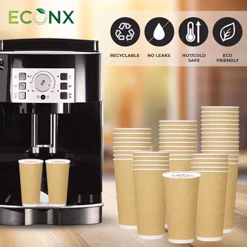ECONX Brown Kraft Ripple Paper Disposable Coffee Cups with Lids, 20oz, 500 Pack – 4