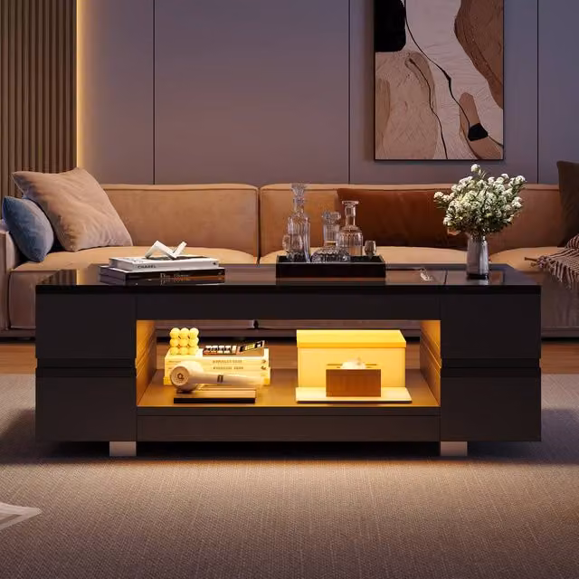 ModernLuxe High Gloss Rectangular Hollow Coffee Table with LED and Open Storage in Black – 1