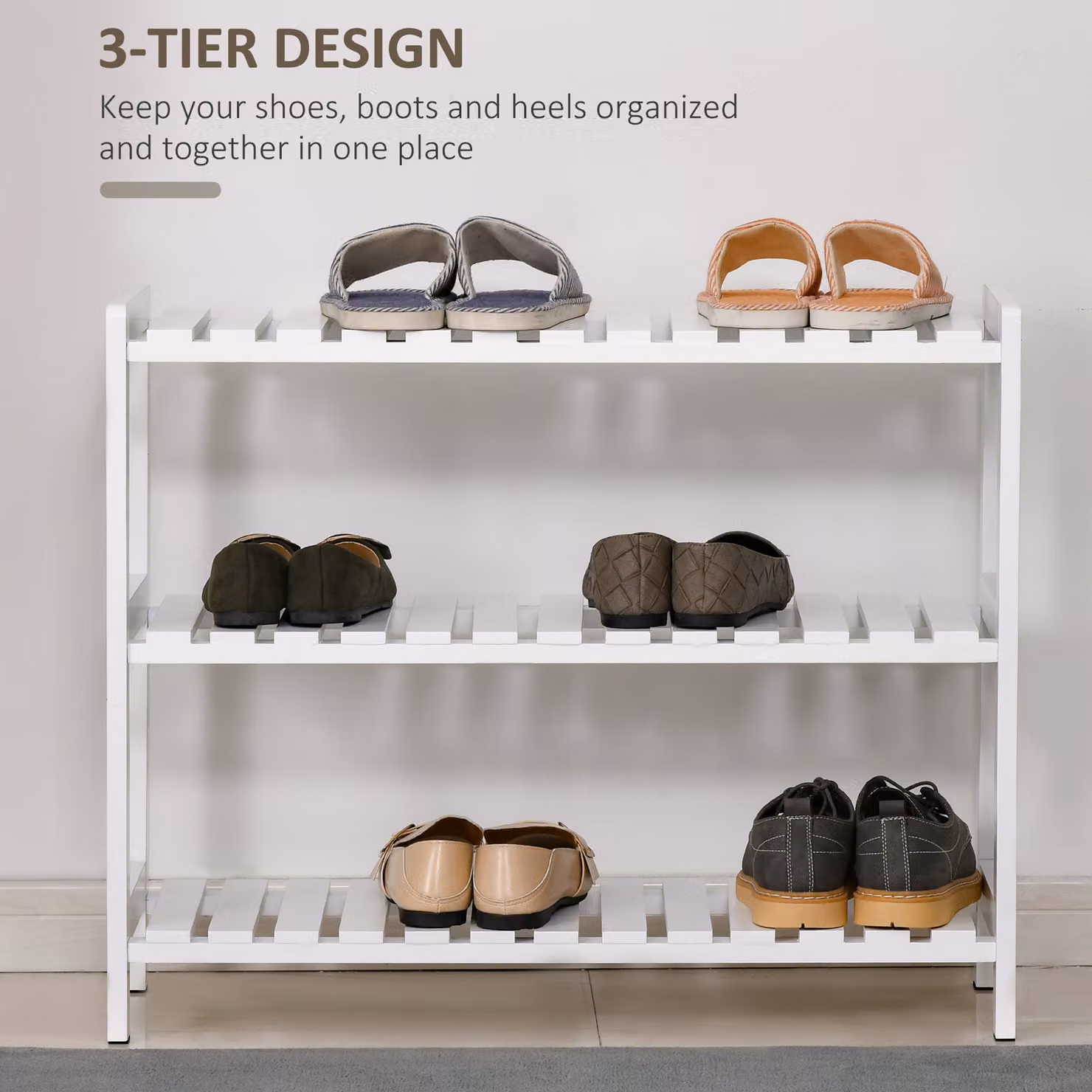 HOMCOM 3-Tier Slatted Wooden Shoe Rack in White, W: 70 cm, D: 26 cm, H: 57.5 cm – 3