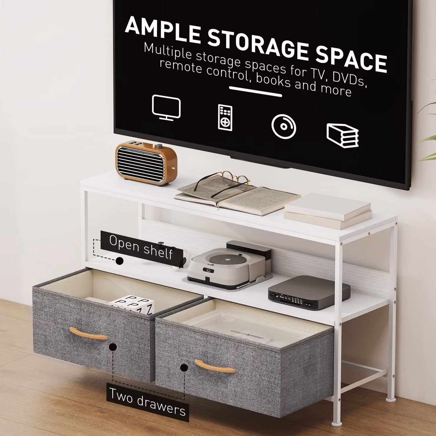 HOMCOM Modern White TV Stand Cabinet with 2 Foldable Drawers – 4
