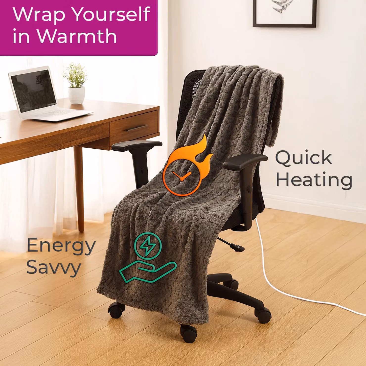 Neo Reversible Electric Heated Throw Blanket with Cable Knit Effect in Grey, W: 130 cm, D: 160 cm – 5