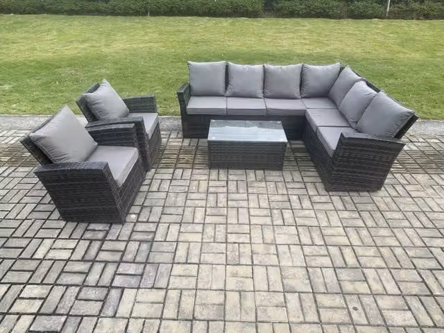 Fimous 8 Seater Rattan Garden Furniture Set with High Back Corner Sofa and Rectangular Coffee Table in Dark Grey