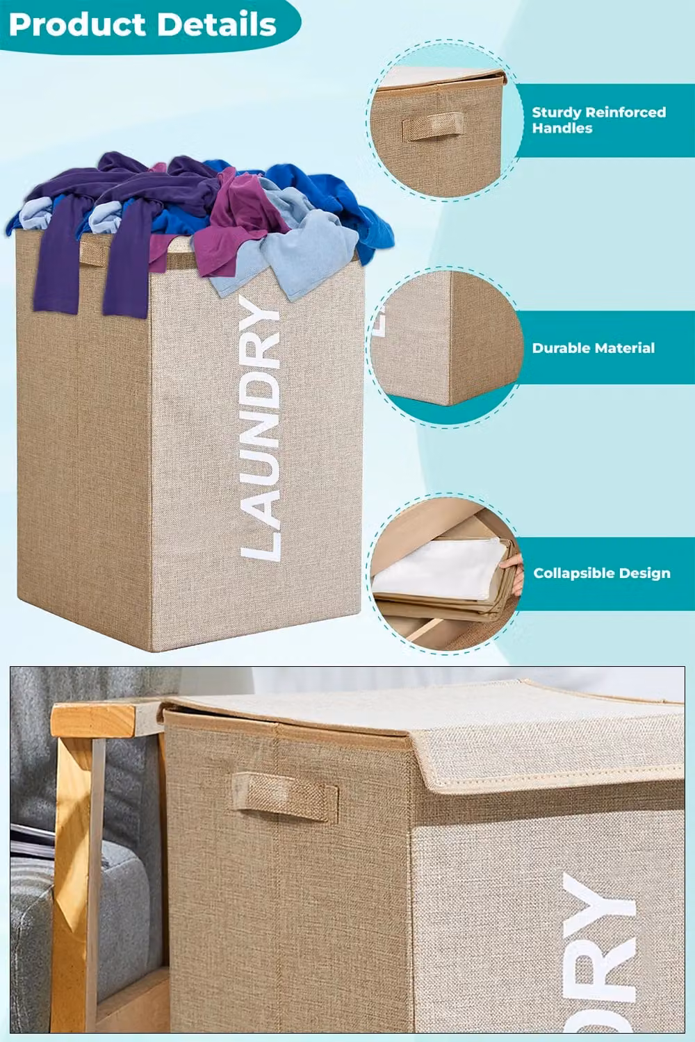 Neel Blue Collapsible Fabric Laundry Basket with Lid and Handles, 57L, Beige and Blue – 2