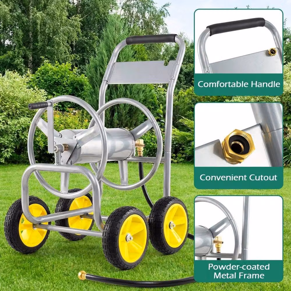 Kelvenix Freestanding Garden Hose Reel Cart with 4 Wheels in Silver – 4