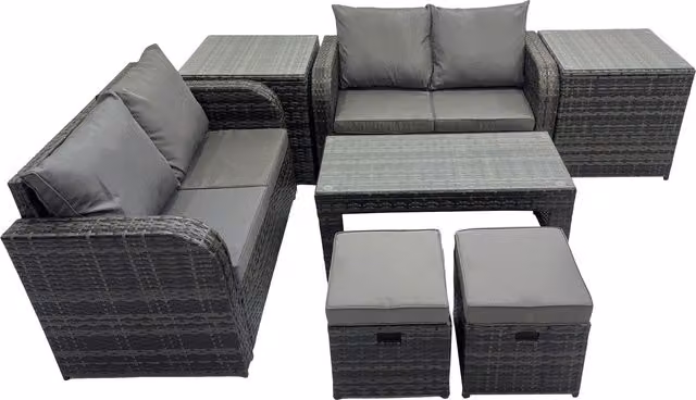Fimous 3-Seater Outdoor Rattan Sofa Set with Coffee Table and Ottoman in Grey