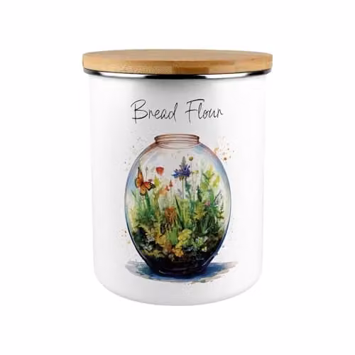 Purely Home Floral Terrarium Bread Flour Storage Canister, Green and White Enamel with Bamboo Lid, 2.7 l