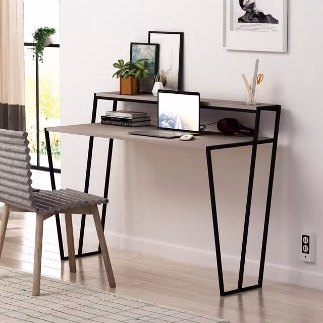 FWStyle Modern Computer Desk with Black Metal Frame and Mocha Grey MDF Top