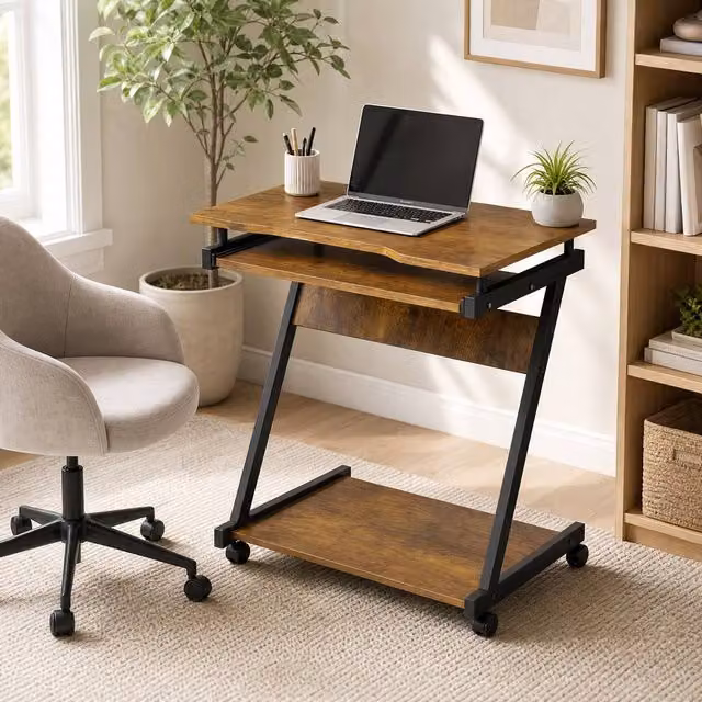 STILVORA Computer Desk with Keyboard Tray and Shelf in Rustic Brown