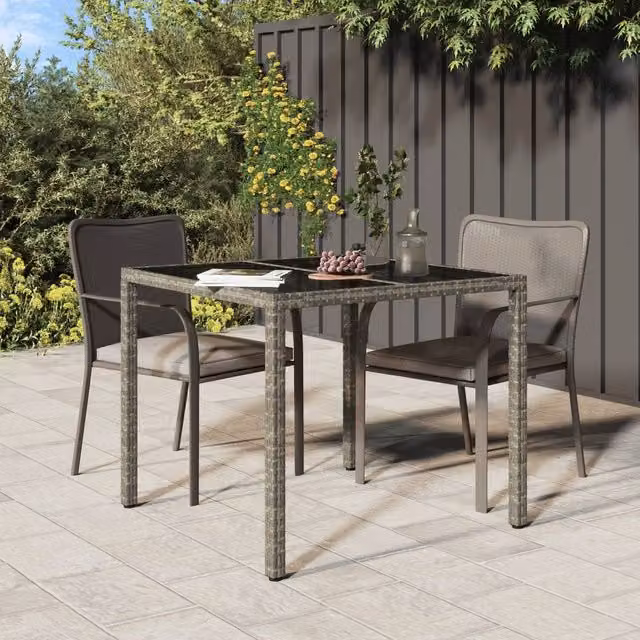 Berkfield Home Garden Grey Poly Rattan Dining Table with Glass Top, W/D/H: 90 x 90 x 75 cm