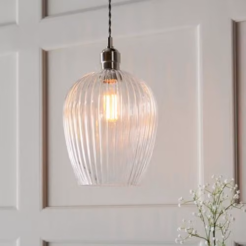 Netlighting Livorno Dome Pendant Light in Silver with Grey Transparent Ribbed Glass, Dimmable and Height Adjustable – 2