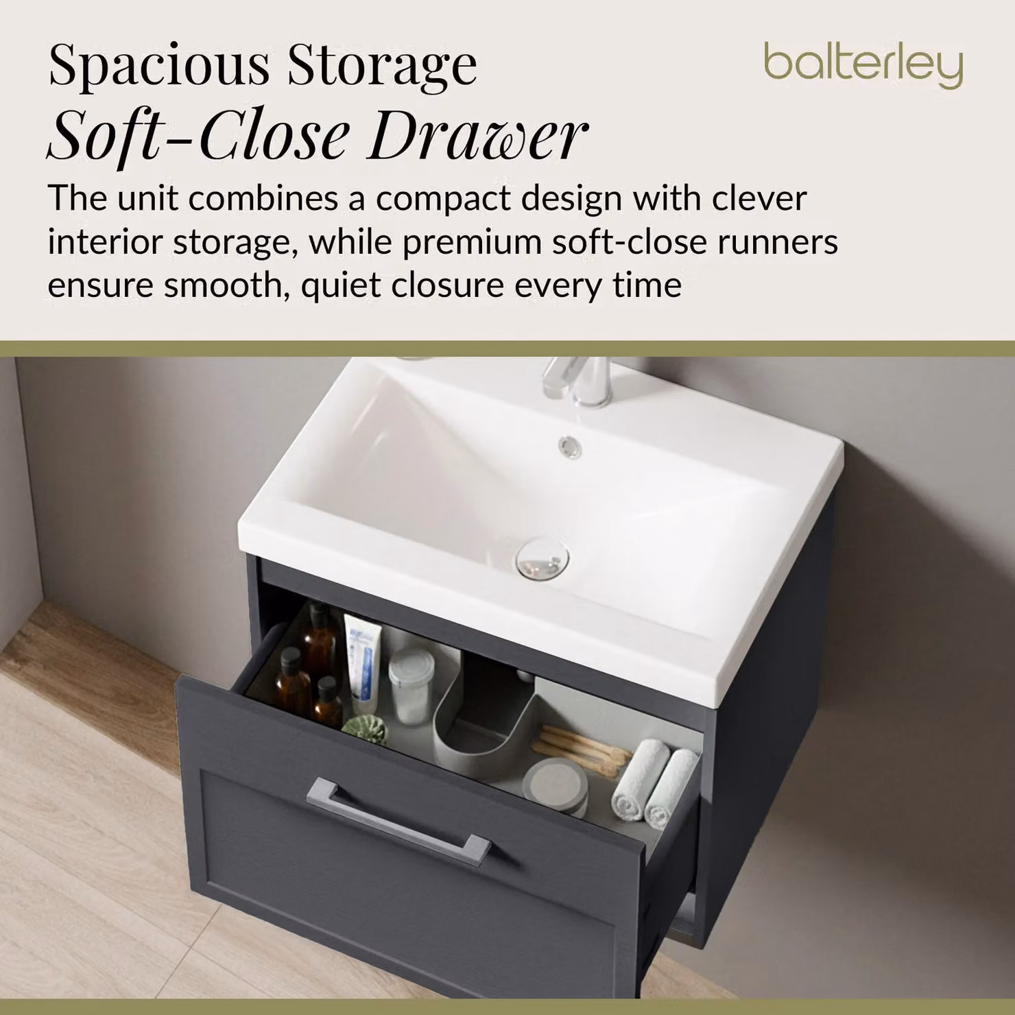 Balterley Wall Hung 1 Drawer Vanity Unit and 3TH Fireclay Basin, Dark Grey, Width: 50 cm – 3