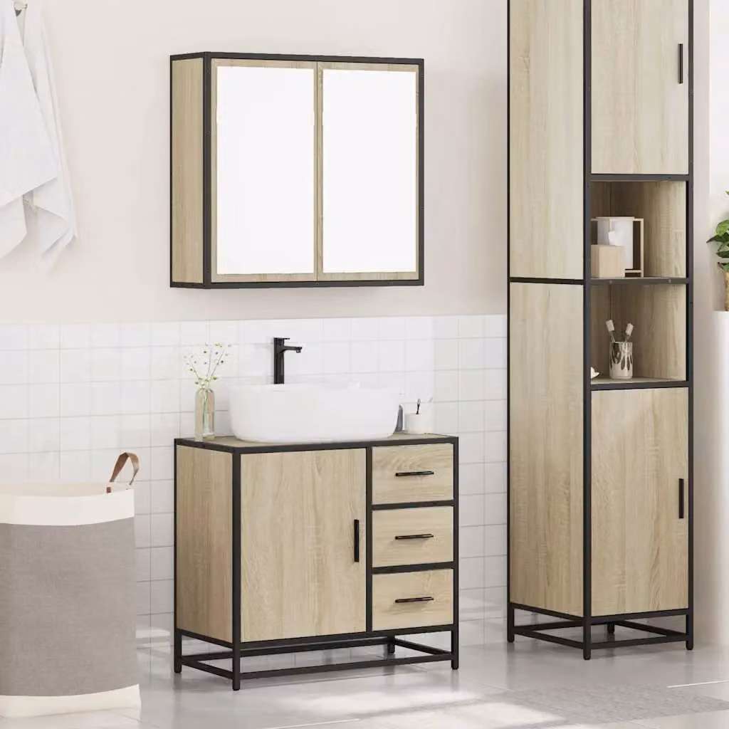 Berkfield Home 2 Piece Industrial Bathroom Furniture Set in Brown Sonoma Oak featuring Vanity Unit and Mirror Cabinet – 3