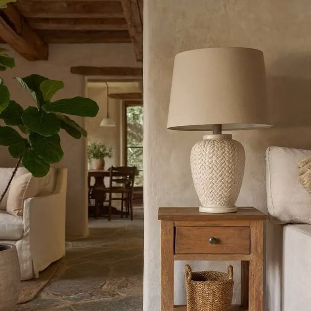 Wyld Haus Palermo Ceramic Table Lamp in Beige with Fabric Shade – 1