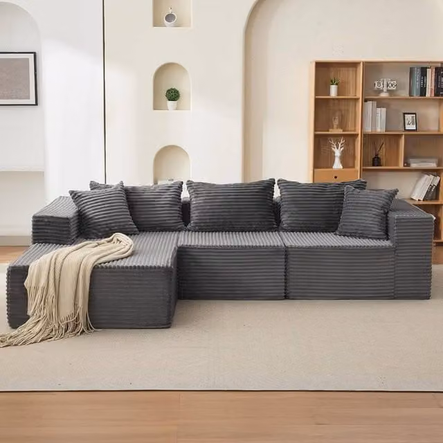 London Boutique L-Shaped Reversible Corduroy Sectional Sofa in Dark Grey – 1