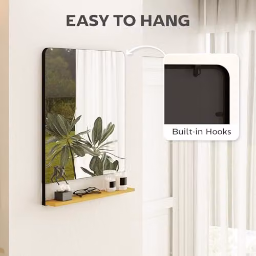 HOMCOM Industrial Wall Mirror with Wood Shelf and Metal Frame, Black, W: 80 cm, H: 60 cm – 3