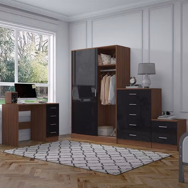 REFLECT Bedroom Furniture Bundle with Sliding Wardrobe, Tall Chest, Bedside Table and Desk in Black Gloss and Matt Walnut