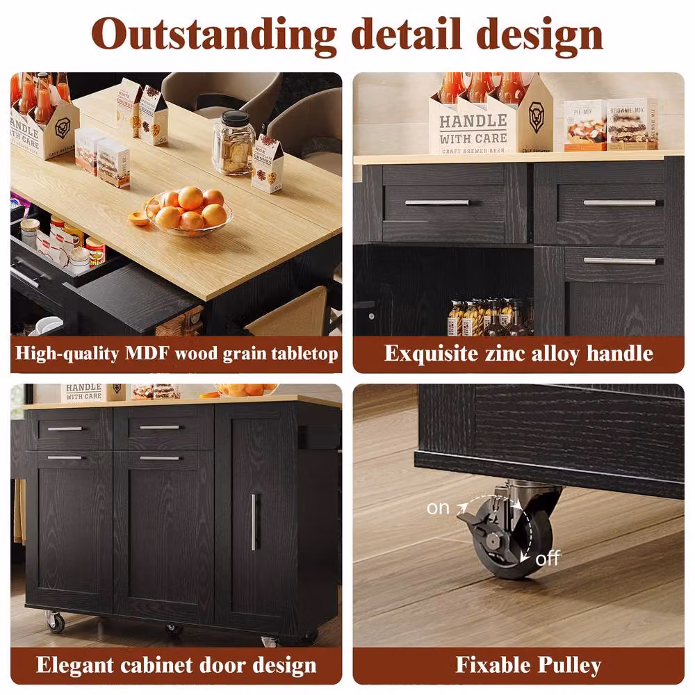 Rolipo Black Kitchen Island Trolley with Folding Dining Table and Storage – 5