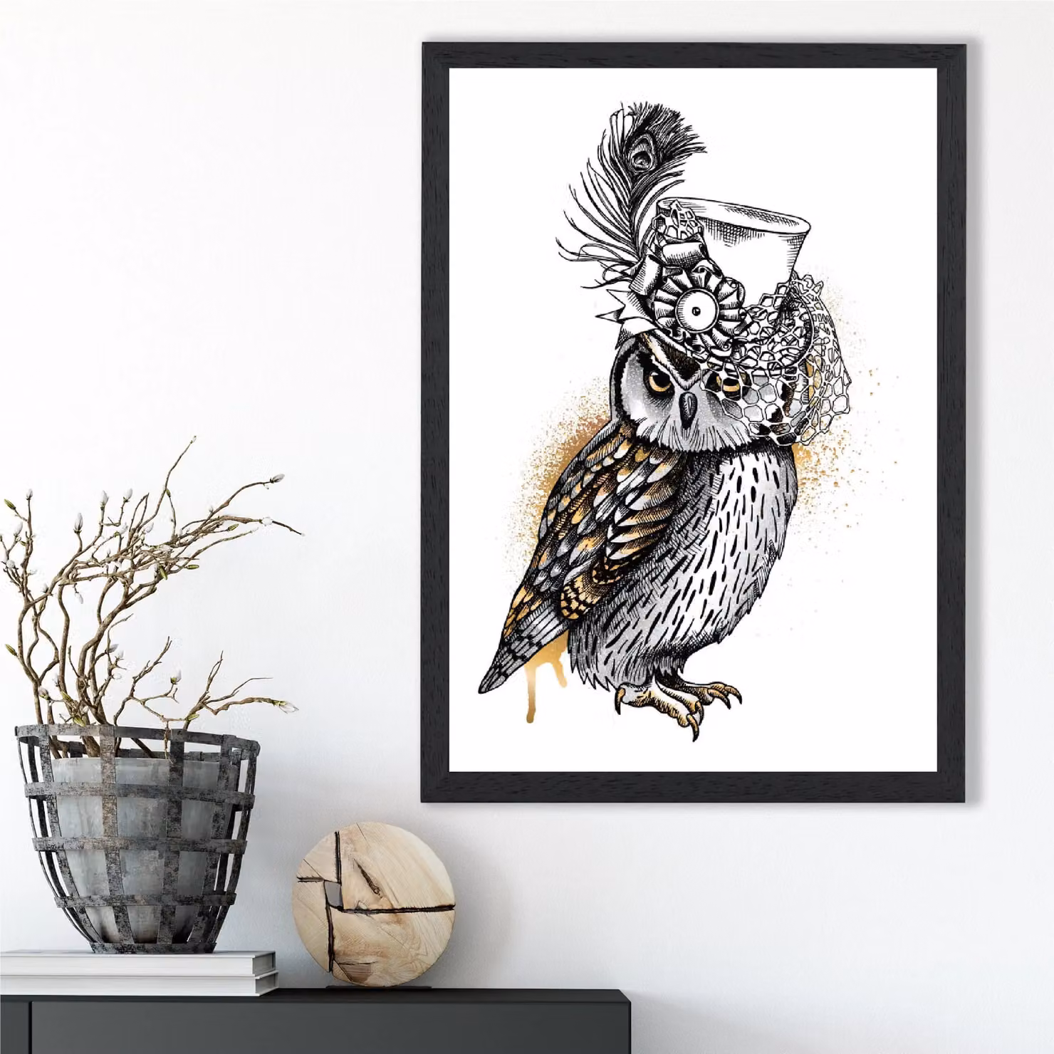 ARTZE Steam Punk Owl Sketch Framed Print, Yellow and Black, A2 – 2