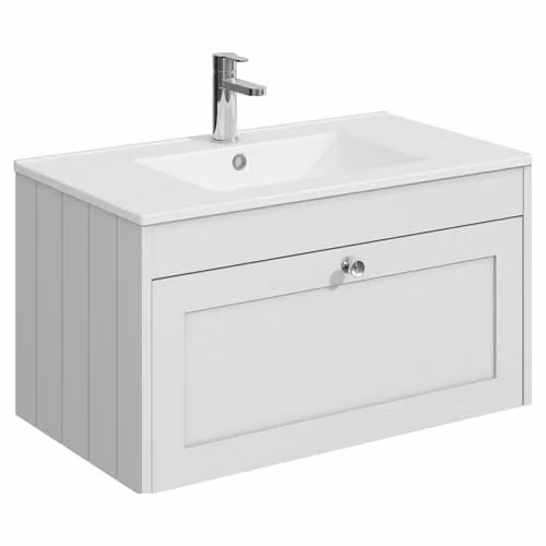 Balterley Wall Hung Single Drawer Vanity Unit with Rectangular Basin and Soft Close Drawer, White, W: 80 cm, D: 45.3 cm, H: 43.1 cm