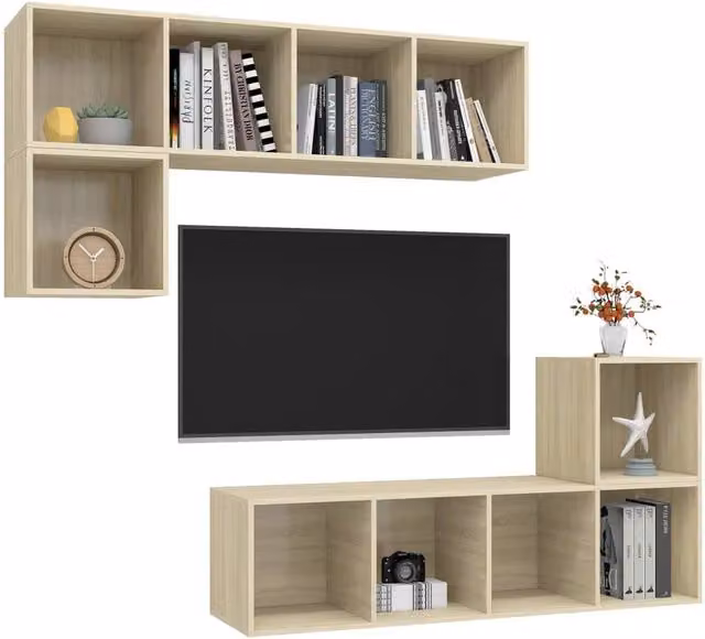 Berkfield Home Practical 4 Piece TV Cabinet Set in Sonoma Oak and Light Tan Beige – 1