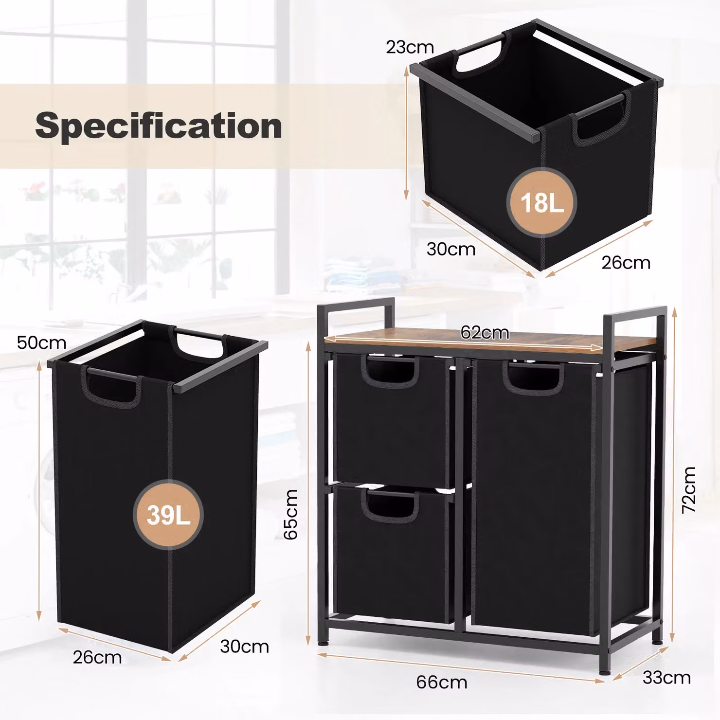 Costway Freestanding Laundry Hamper Organizer with 3 Pull-Out Removable Bags in Brown – 3