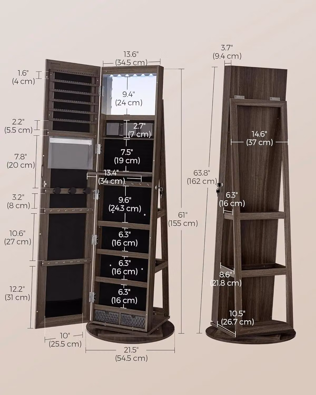 SONGMICS LED Jewellery Cabinet with Lockable Storage and Mirror in Dark Brown – 2