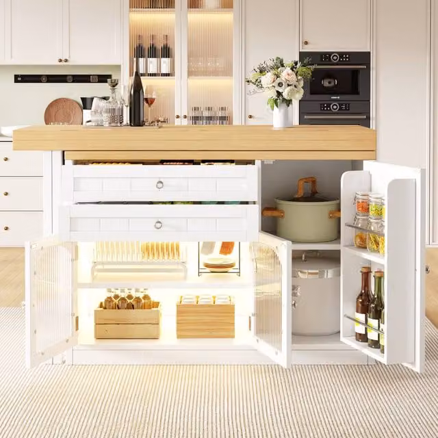 Merax White Extending Kitchen Island Dining Table with Glazed Doors – 1