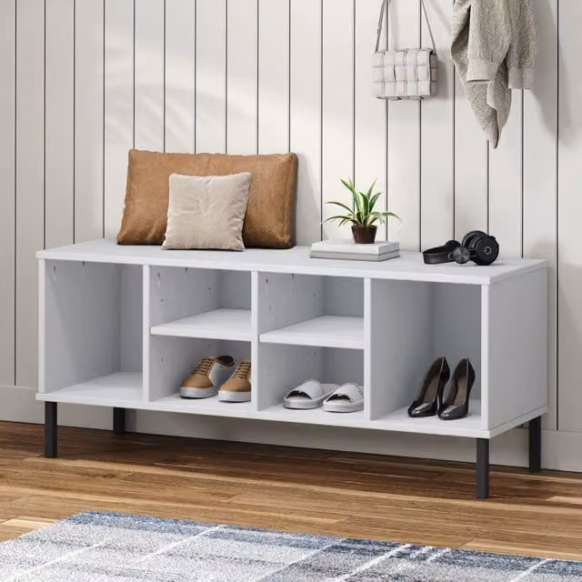Berkfield Home Oslo Solid Wood Shoe Rack with Metal Legs, White, W: 106 cm, D: 35 cm, H: 45 cm