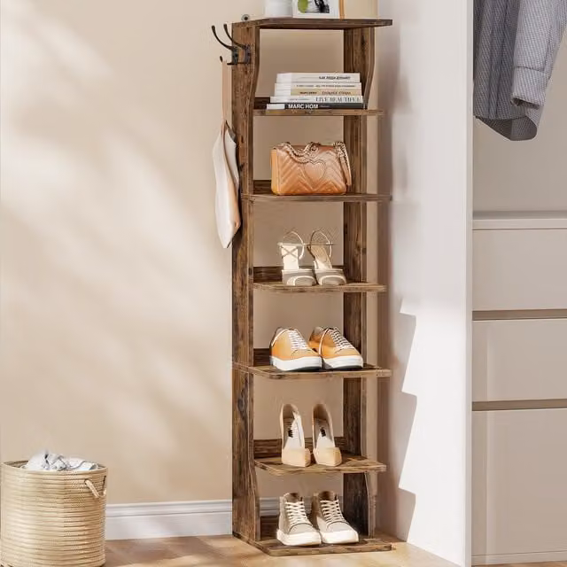 VASAGLE Slim Shoe Rack, Narrow Freestanding Shoe Storage Organiser in Rustic Brown, W/D/H: 30.0 x 26.4 x 110.4 cm