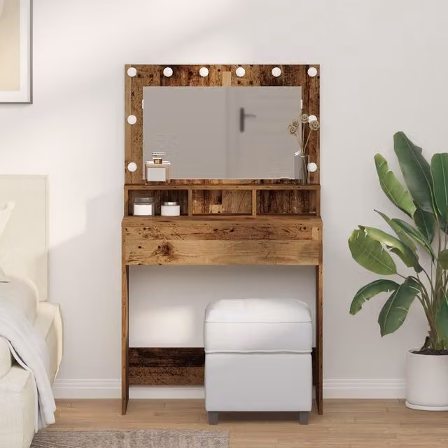 Berkfield Home Vintage Style Dressing Table with Hollywood LED Lights, Brown, W/D/H: 79 x 41 x 135 cm