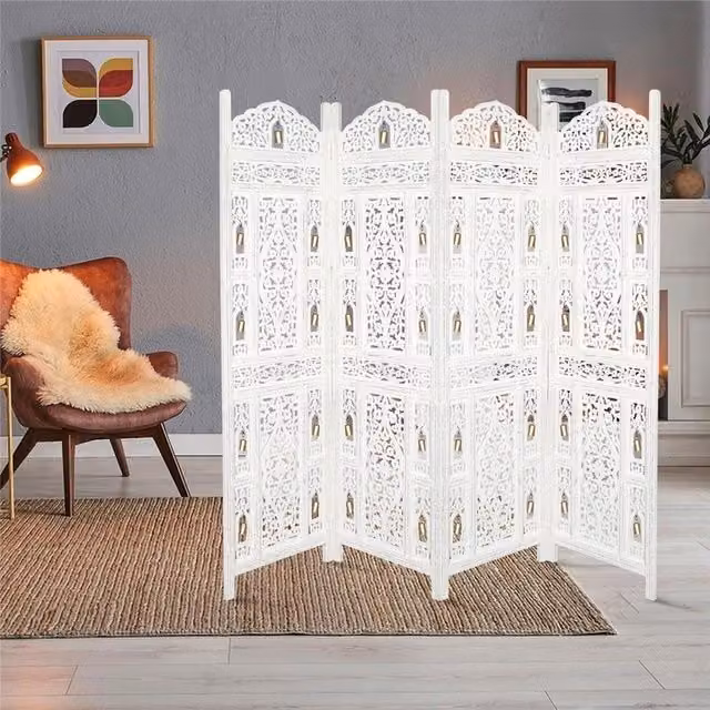 Topfurnishing 4 Panel Bells Heavy Carved Wooden Room Divider Screen in White with Floral Oriental Design