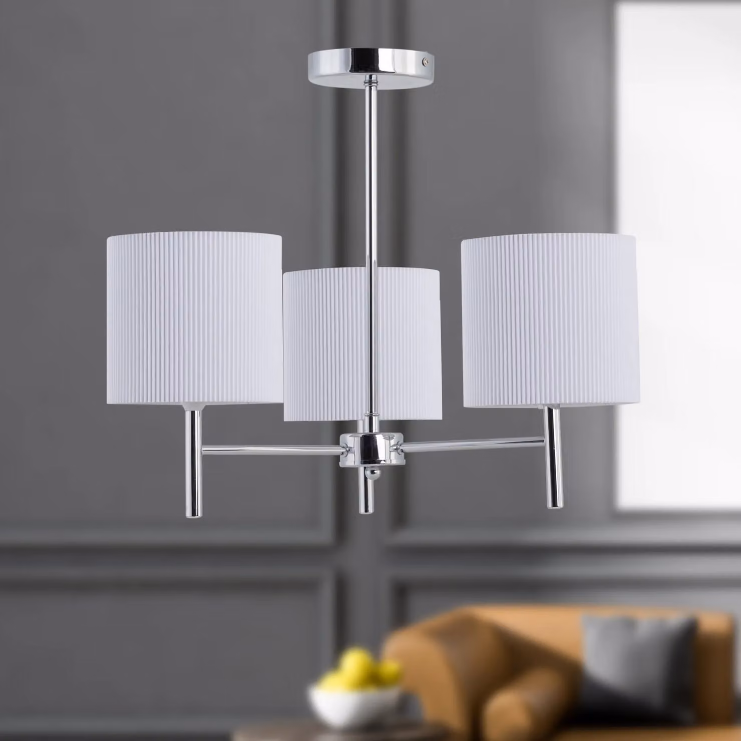 First Choice Lighting Brea Set of 2 Chrome Ceiling Light Fittings with White Fabric Pleated Shades – 3