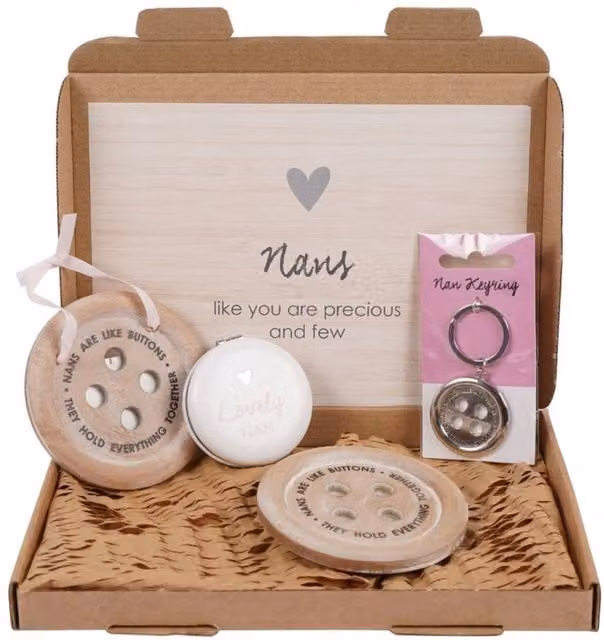 Nan Multi-colour Gift Set with Keyring, Coaster and Mirror in an Eco Friendly Gift Box