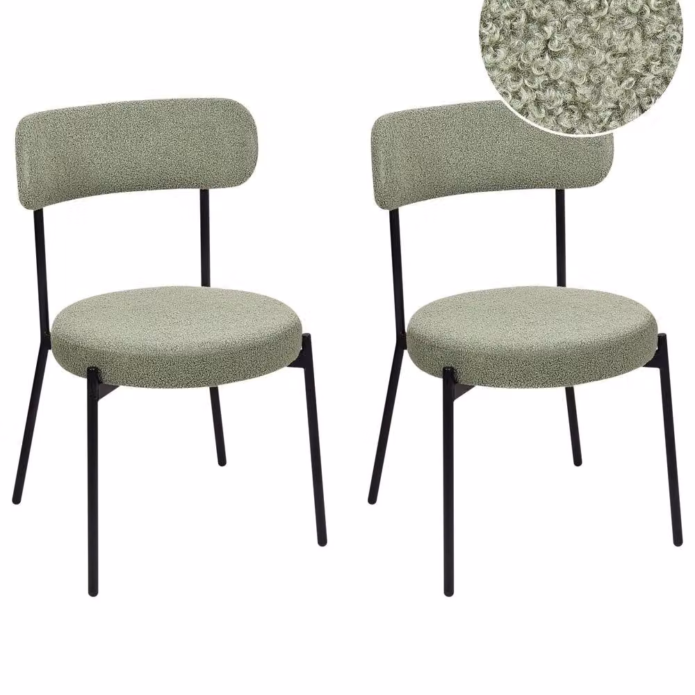 Wyld and Coco Set of 2 Light Green Bouclé Dining Chairs with Black Metal Legs – 2