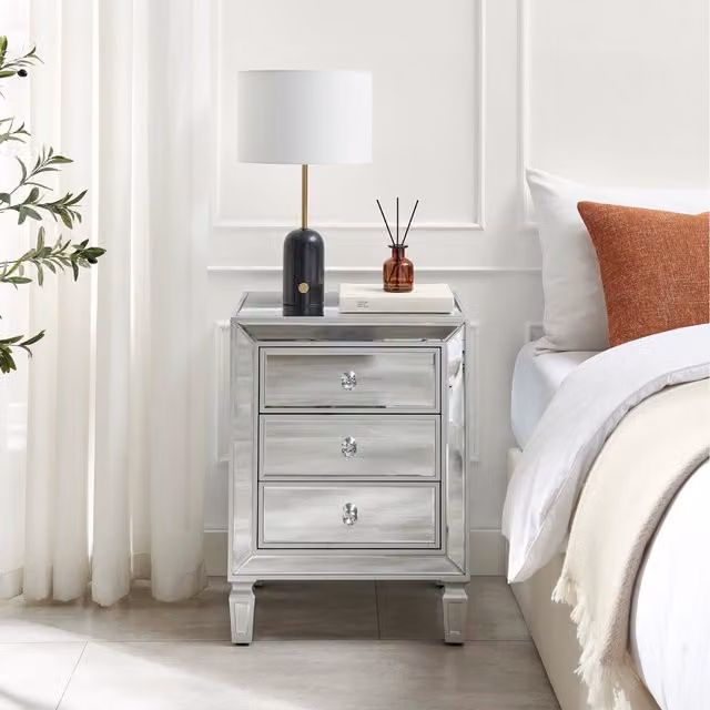 FurnitureboxUK Venice Contemporary 3 Drawer Silver Framed Mirrored Bedside Table in Grey – 1