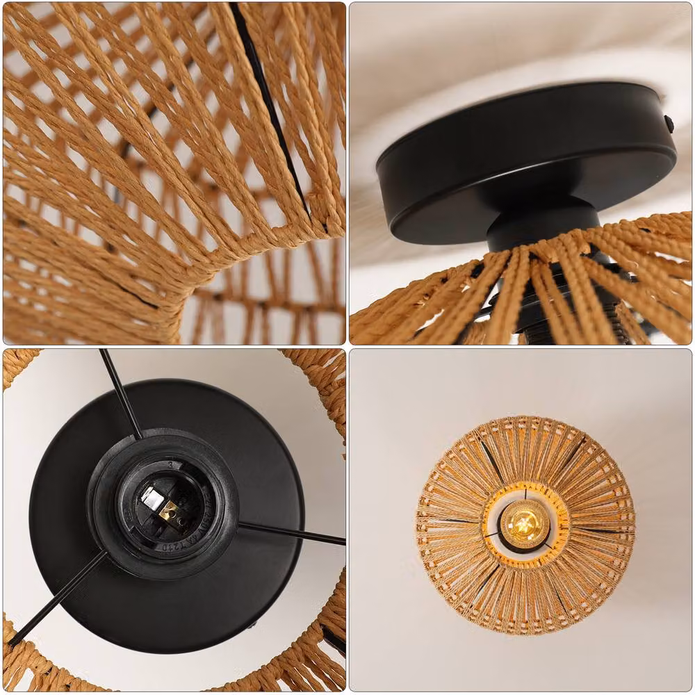 Goeco Vintage Rattan Pendant Ceiling Light in Natural Brown with E27 Socket, Diameter: 40 cm – 3