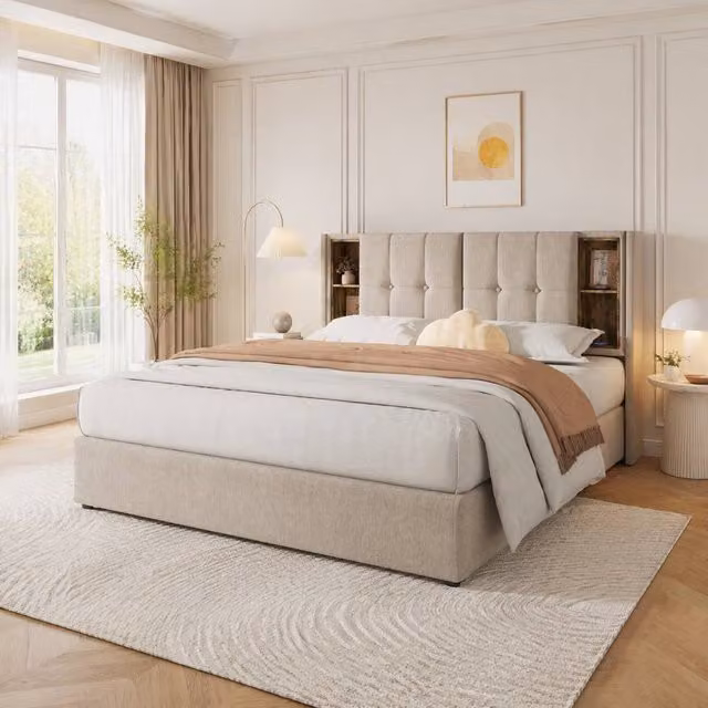 STILVORA Double Upholstered Bed with Storage and USB Charging Port in Beige, W/D/H: 140 x 200 x 137.16 cm – 1