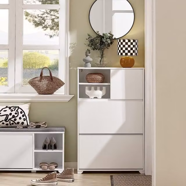 SoBuy Modern White Matt Shoe Organizer Unit with Tilting Compartments and Open Shelves