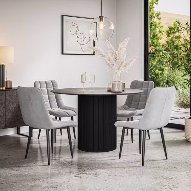 More4Homes Arlo Concrete Round Dining Table with Black Legs and 4 Nova Grey Velvet Dining Chairs Set