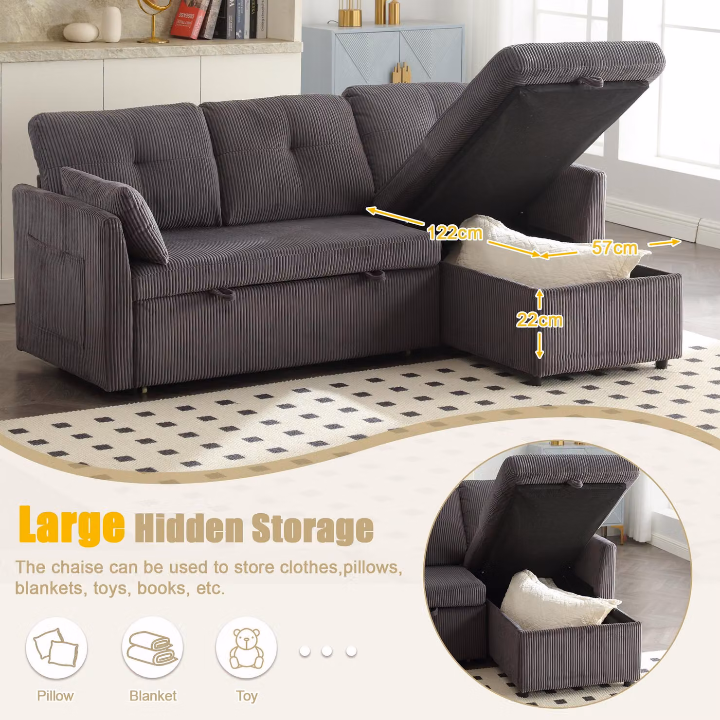 GOMYWAY L-Shaped Sectional Sleeper Sofa with Storage Chaise and Corduroy Upholstery, Charcoal Grey, W: 206 cm, D: 130 cm, H: 88 cm – 4