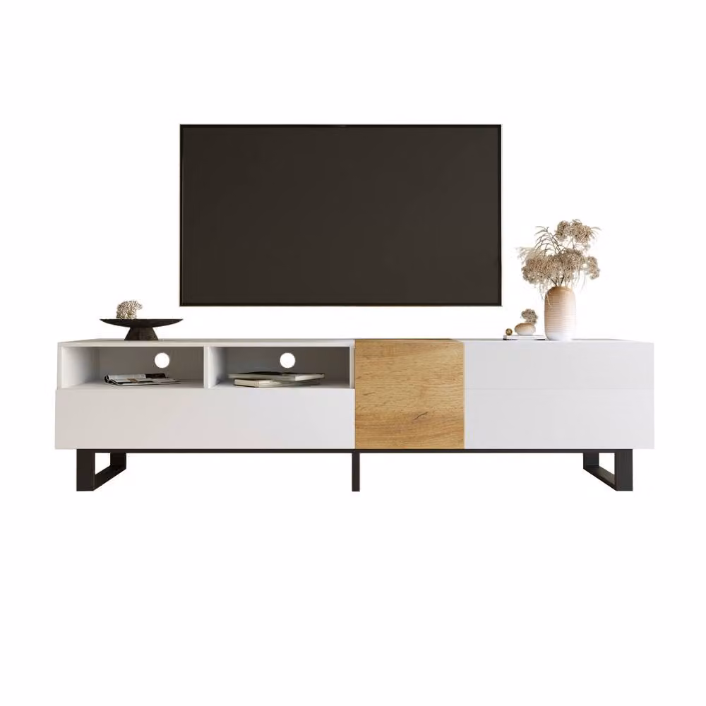 Matteo Modern White and Wood Look TV Cabinet with Storage and Metal Feet, Width: 180 cm – 2