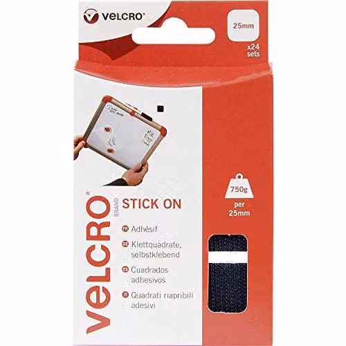 VELCRO Brand Stick On Hook and Loop Fastener Squares, Black, 25 mm, Pack of 24